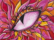 magical creatures painting of an eye with flower petals surrounding it in warm tones: pink, red, yellow and orange