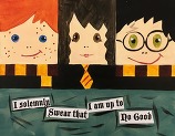 harry potter painting featuring ron, hermione, and harry with the text "I solemnly swear that I am up to no good"