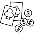Black and white graphic of playing cards and poker chips