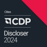 White text "Cities CDP Discloser 2024" against a black background with a red triangle