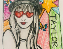 drawing of taylor swift made from markers and colored pencil with a star on a multi colored background and caption "TAYLOR"