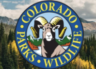 colorado parks and wildlife logo on top of scenic mountain background
