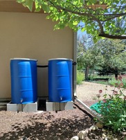 Two blue rain barrels outside a home