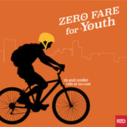 Orange background with cyclist and text "RTD Zero Fare for Youth"