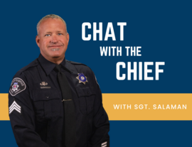 cutout of sgt. salaman on a navy blue background with a yellow stripe; caption is "chat with the chief with sgt. salaman"