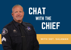 cutout of sgt. salaman on a navy blue background with a yellow stripe; caption is "chat with the chief with sgt. salaman"