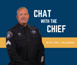cutout of sgt. salaman on a navy blue background with a yellow stripe; caption is "chat with the chief with sgt. salaman"