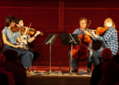 Members of the Boulder Philharmonic play instruments on stage
