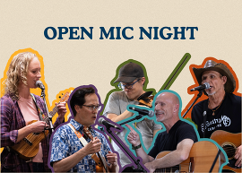 colorful cutouts of musicians on a beige background with the caption "open mic night"
