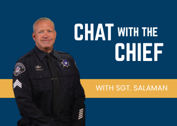 Sgt. Salaman headshot over blue background with text "chat with the chief"