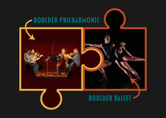 photo on a black background of two puzzle pieces with images and captions of boulder philharmonic and boulder ballet