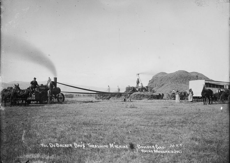 A steam tractor powered the threshing machine; cook wagon to the right. Feeding threshers was a big job.