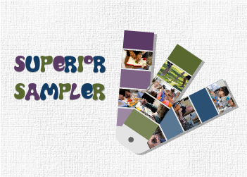 canvas background with paint samples filled with images of town programs and the caption "superior sampler"
