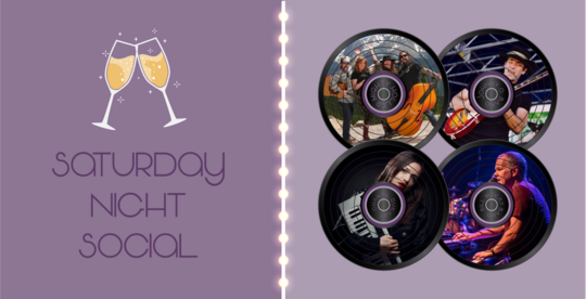 Purple background with string lights, champagne, and 4 vinyl records featuring the Saturday night social bands.