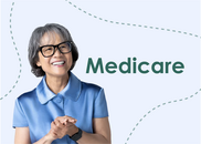 smiling senior woman on light blue background with the medicare logo