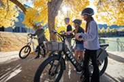 Four kids in helmets stand with e-bikes underneath a fall tree