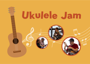 Illustration of guitar with music notes and three images of people playing the ukulele on a yellow background