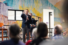 Superior Mayor Mark Lacis speaks on stage during the 2024 State of Superior event