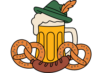 graphic of traditional german hat, pretzels, brat, and beer
