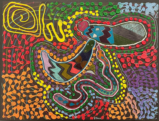Colorful art using glue and glitter to depict snakes. 