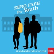 Silhouettes of three people with text "zero fare for youth"