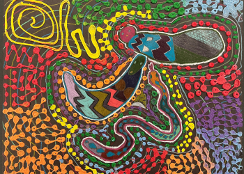Colorful artwork using glue, glitter, and other supplies to depict snakes