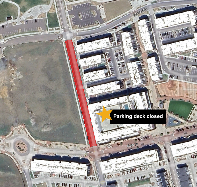 Map of Downtown Superior indicating parking deck closed at Main Street and marshall road