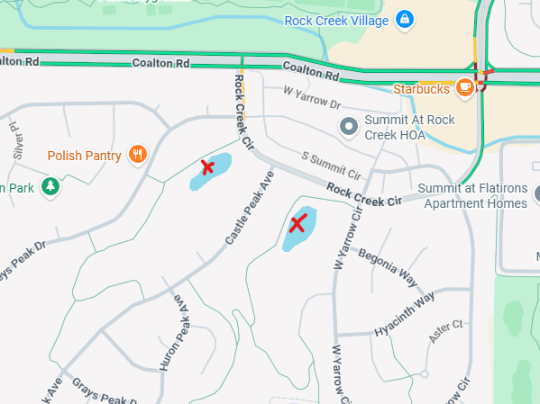 Two ponds south of Rock Creek Circle in Superior marked with an X.