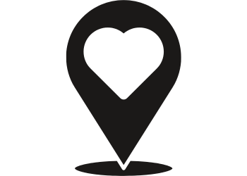 black and white location icon with a heart