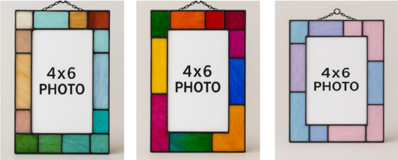 Three colorful 4x6 stained glass photo frames