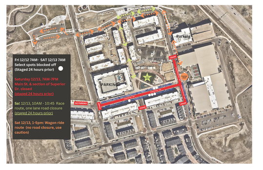 Map showing road closures in Downtown Superior for Winter Festival 2025.