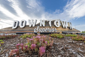 Downtown Superior sign in front of pink flowers