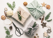 gifts wrapped in cloth with eco-friendly decorations from natural materials