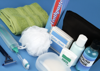Toiletries and products on a blue background