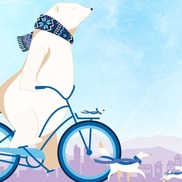 A graphic image of a polar bear in a blue scarf riding a bicycle