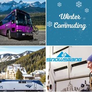 Collage of winter commuting options featuring an image of a Bustang bus, an Amtrak train, and Snowstang