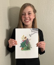 A young girl holds a piece of art featuring a woman surrounded by flowers being watered by a watering can