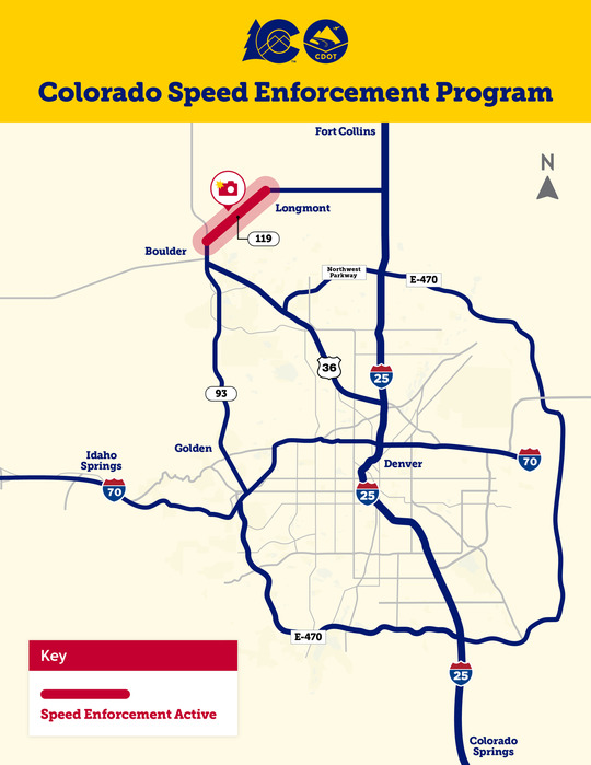 Map highlighting the area of enforcement between Boulder and Longmont on Highway 119.
