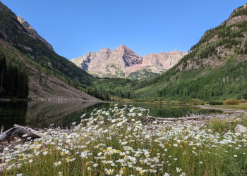 Maroon Bells mountains with lake and white flowers in the foreground