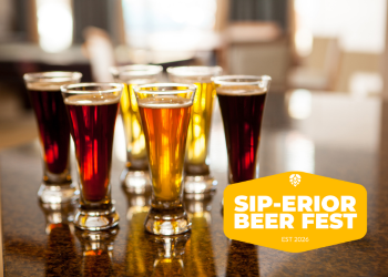 Small pours of beer with yellow Sip-erior Beer Fest logo