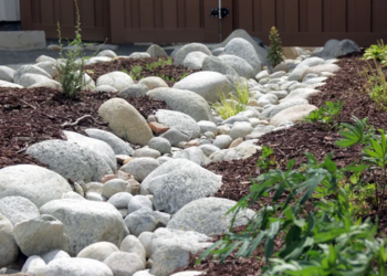 Garden bed with mulch and a rock feature designed to catch water run-off