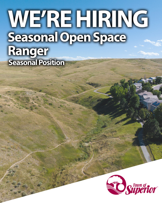 Seasonal open space ranger text overlaying a drone photo of Coyote Ridge Open Space.