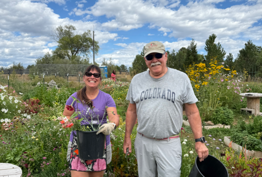 A woman and a man smile while working in a lush flower garden