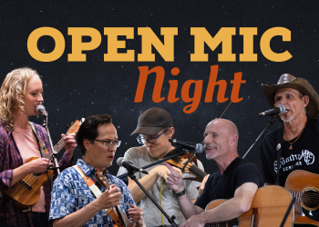 Open Mic Night graphic with cutout of five musicians performing