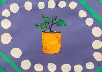 Student artwork depicting a green plant in an orange pot on a blue background