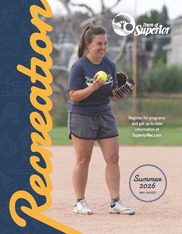 Summer 2026 Recreation Guide featuring photo of a woman playing softball