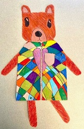 Student artwork depicting a bear wearing a colorful dress