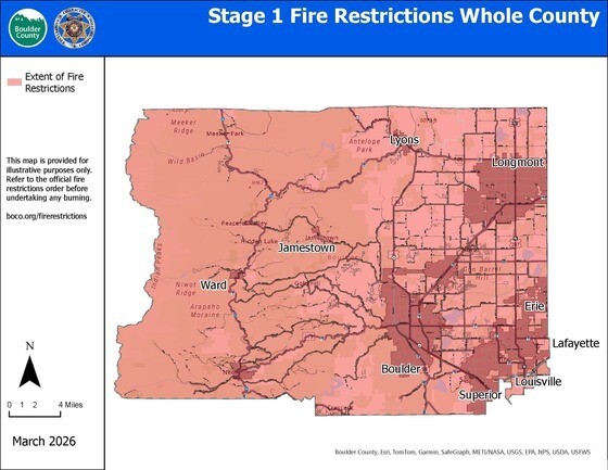 Boulder County map showing all of Boulder County shaded in red with fire restrictions