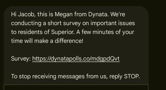 Screenshot of a spam message from Dynata requesting participation in a public survey on local Superior issues