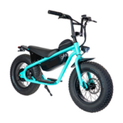 Electric scooter with teal frame and black seat and handlebars.